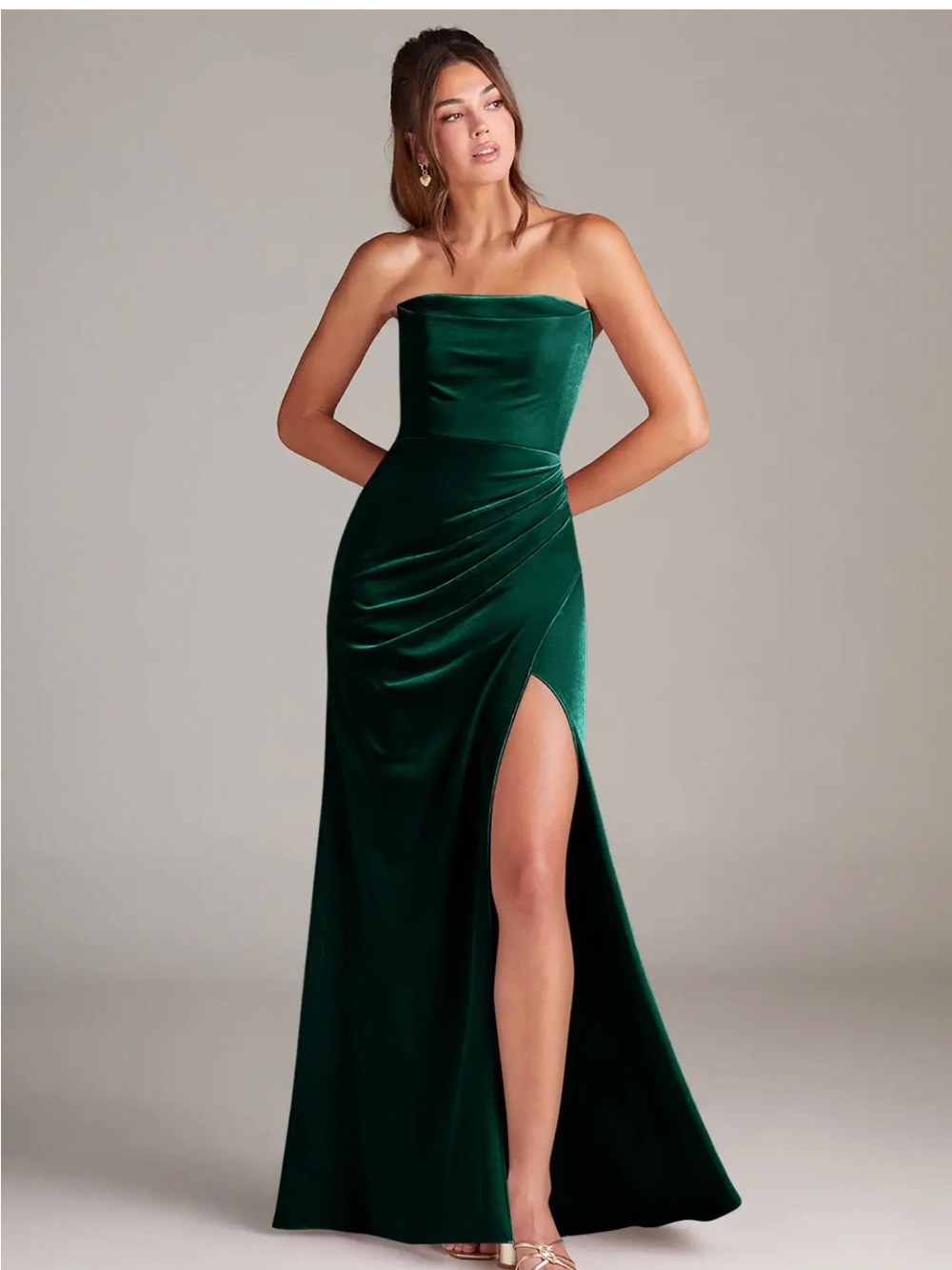 Azazie Strapless Velvet Gown in Emerald Green with Side Slit